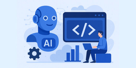 ilustração de um desenvolvedor web trabalhando com código e um robô com o texto 'AI' ao lado