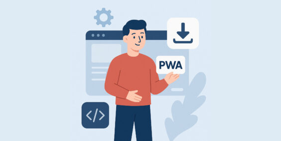 Ilustração de um desenvolvedor segurando um ícone de PWA, com elementos de navegador, engrenagem e código ao fundo, representando a criação de Progressive Web Apps