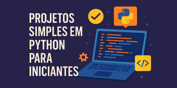 Ilustração de um notebook com linhas de código e o simbolo do Python e o texto 'projetos simples em python para iniciantes' à esquerda